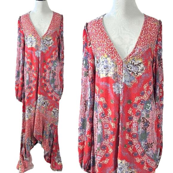 Free People Bohemian Gypsy Maxi Dress Duster Red Retro 70s Festival Size Large - Picture 3 of 14